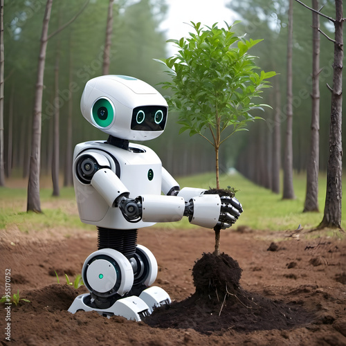 robot is planting a tree 
