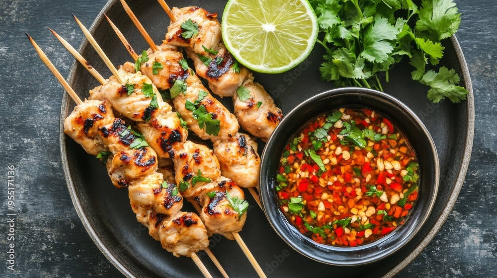 A plate of Thai-style marinated chicken skewers, grilled to perfection and served with a dipping sauce made from Thai chili peppers, lime, and cilantro. A plate of Thai-style marinated chicken skewers, grilled to perfection and served with a dipping sauce made from Thai chili peppers, lime, and cilantro.
