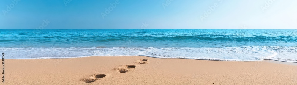 Tranquil beach scene with gentle waves, warm sand, and footsteps leading to the water under a clear blue sky Tranquil beach scene with gentle waves, warm sand, and footsteps leading to the water under a clear blue sky