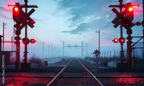 Railroad crossing with red warning lights glowing against a misty evening sky. Atmospheric, cautionary, quiet intersection, awaiting train arrival.. Generative AI