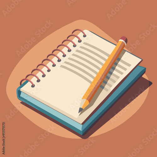Adobe Illustrator Artwork Simple spiral-bound notebook lying open on a wooden desk. The pages are blank