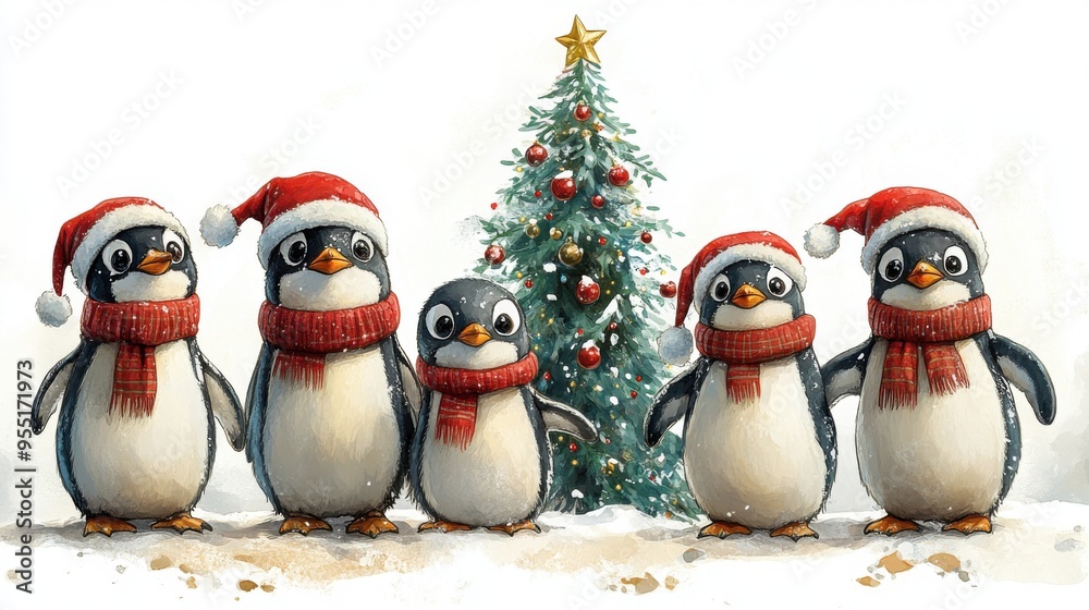 Fototapeta premium Clipart of a penguin family in Christmas sweaters
