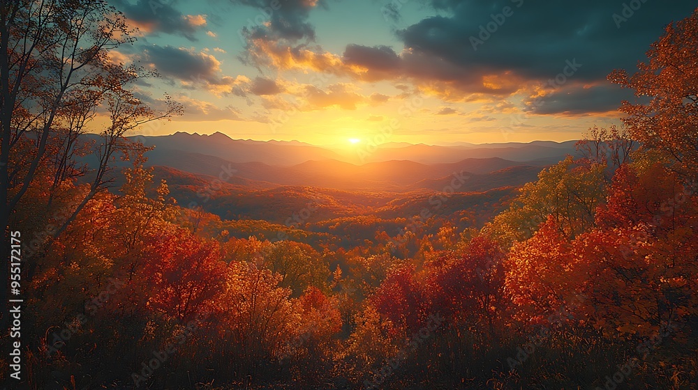 A breathtaking view of a mountain range in the distance, with trees in full autumn colors in the foreground. The warm sunlight casts a golden glow over the vibrant reds, oranges, A breathtaking view of a mountain range in the distance, with trees in full autumn colors in the foreground. The warm sunlight casts a golden glow over the vibrant reds, oranges,