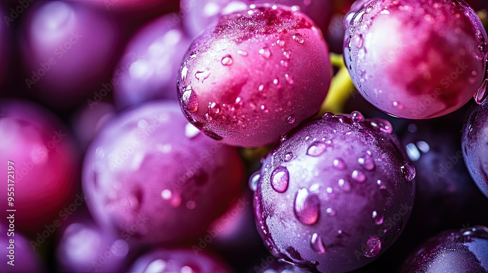 Close-up of a bunch of grapes with droplets of water, highlighting their bright color and freshness. Close-up of a bunch of grapes with droplets of water, highlighting their bright color and freshness.