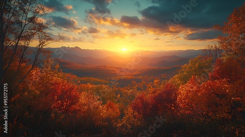 A breathtaking view of a mountain range in the distance, with trees in full autumn colors in the foreground. The warm sunlight casts a golden glow over the vibrant reds, oranges,