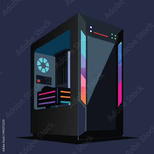 Adobe Illustrator Artwork illustration of a high-end gaming PC setup in a modern, sleek environment. 
