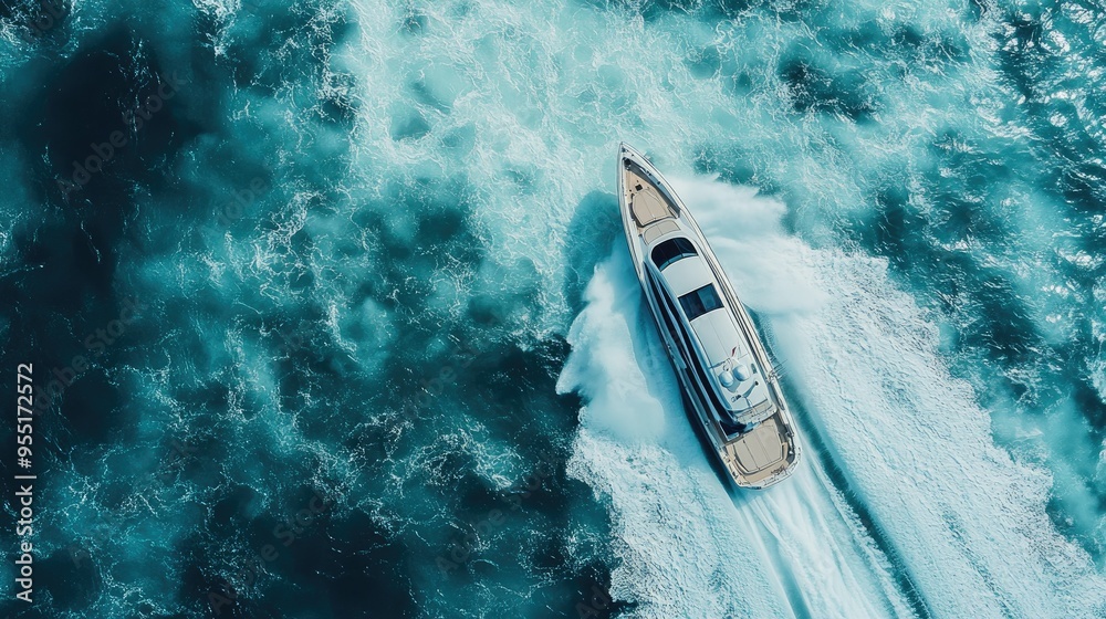 Fast boat cruising at high speed on the open sea, viewed from above, with whitecaps forming on the ocean waves around it. Fast boat cruising at high speed on the open sea, viewed from above, with whitecaps forming on the ocean waves around it.