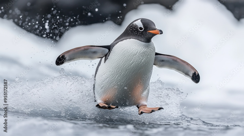 Fototapeta premium Clipart of a penguin slipping and sliding on ice with a humorous expression