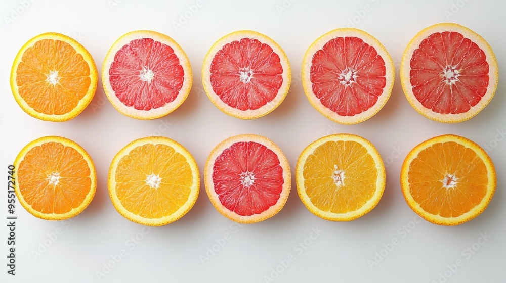 Fresh, juicy oranges and grapefruits sliced in half, showcasing their bright, colorful interiors against a white backdrop. Fresh, juicy oranges and grapefruits sliced in half, showcasing their bright, colorful interiors against a white backdrop.