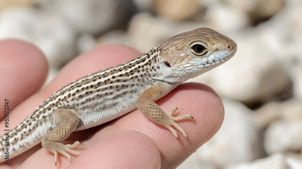 Naklejka premium Delicate lizard resting gently in an open hand, showcasing its intricate patterns