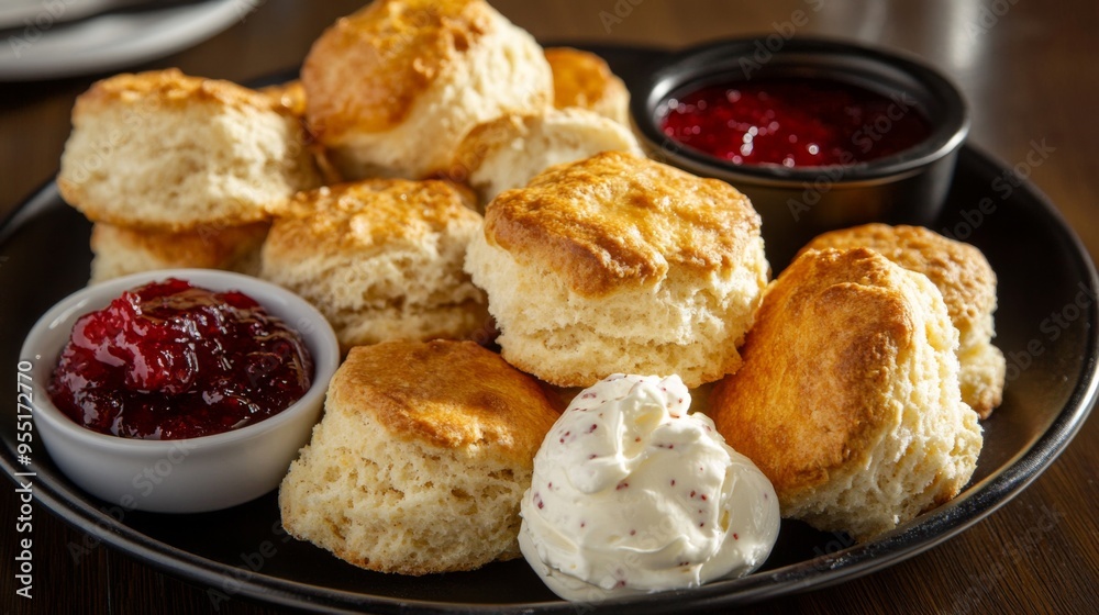 A platter of freshly baked scones, golden and crumbly with a hint of sweetness, served with clotted cream and strawberry jam A platter of freshly baked scones, golden and crumbly with a hint of sweetness, served with clotted cream and strawberry jam