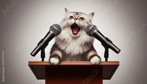 cat speak podium microphones yelling shouting expressive orator scene discussion message