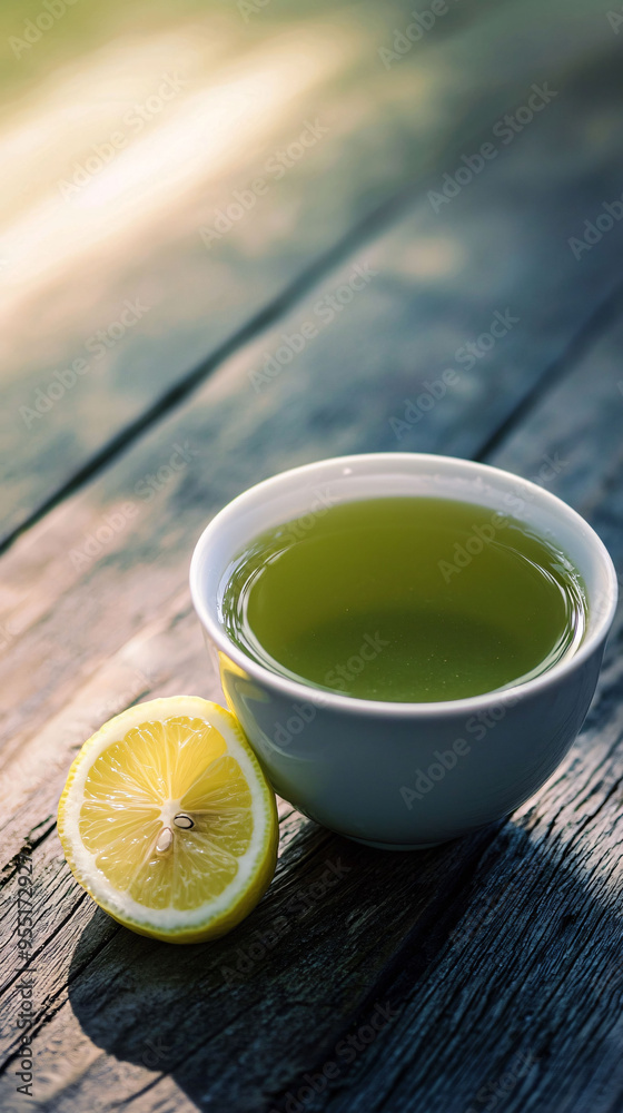 A refreshing cup of green tea with lemon wedge on side, set against rustic wooden background. A refreshing cup of green tea with lemon wedge on side, set against rustic wooden background.
