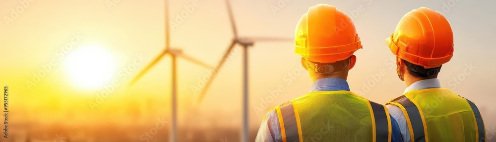 Two engineers in safety gear observe a wind farm at sunset, highlighting renewable energy sources and sustainable technologies in a scenic landscape Two engineers in safety gear observe a wind farm at sunset, highlighting renewable energy sources and sustainable technologies in a scenic landscape