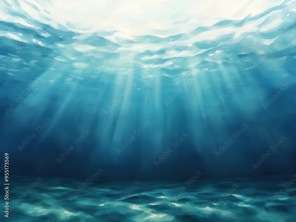 A serene underwater scene with sunlight rays illuminating the tranquil blue depths of the ocean, capturing nature's beauty. A serene underwater scene with sunlight rays illuminating the tranquil blue depths of the ocean, capturing nature's beauty.