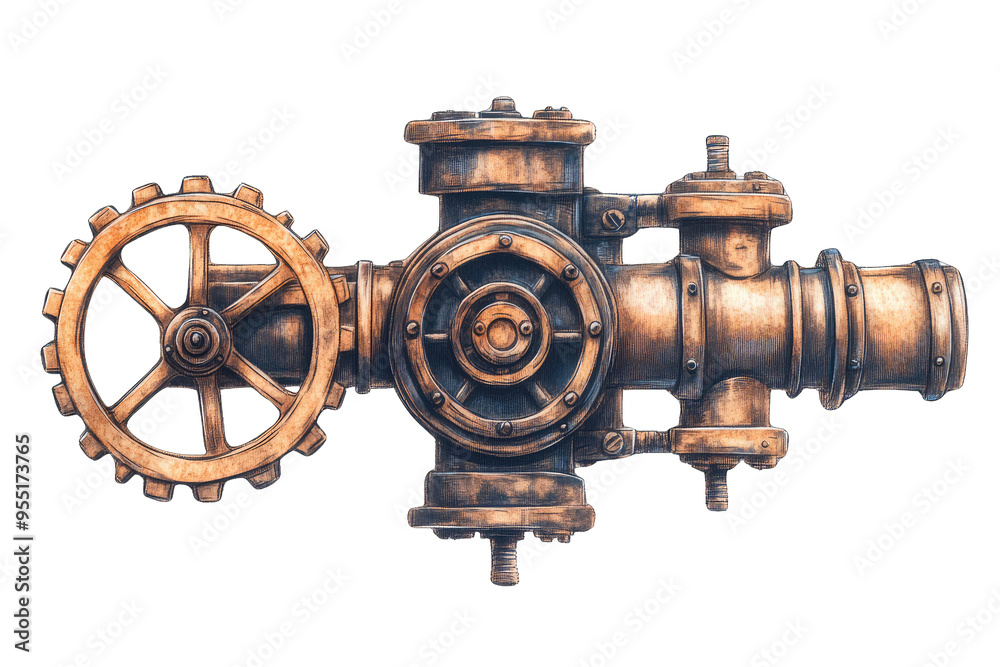 Obraz premium A vintage steampunk valve featuring intricate copper details and a large wheel, perfect for industrial-themed projects.