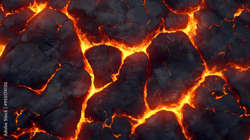 Lava molten texture, top view, volcano magma glow texture in cracking holes realistic. Volcano. Illustration