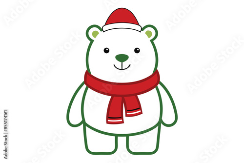 line art Christmas with bear with Santa Claus and scarf vector illustration in white background