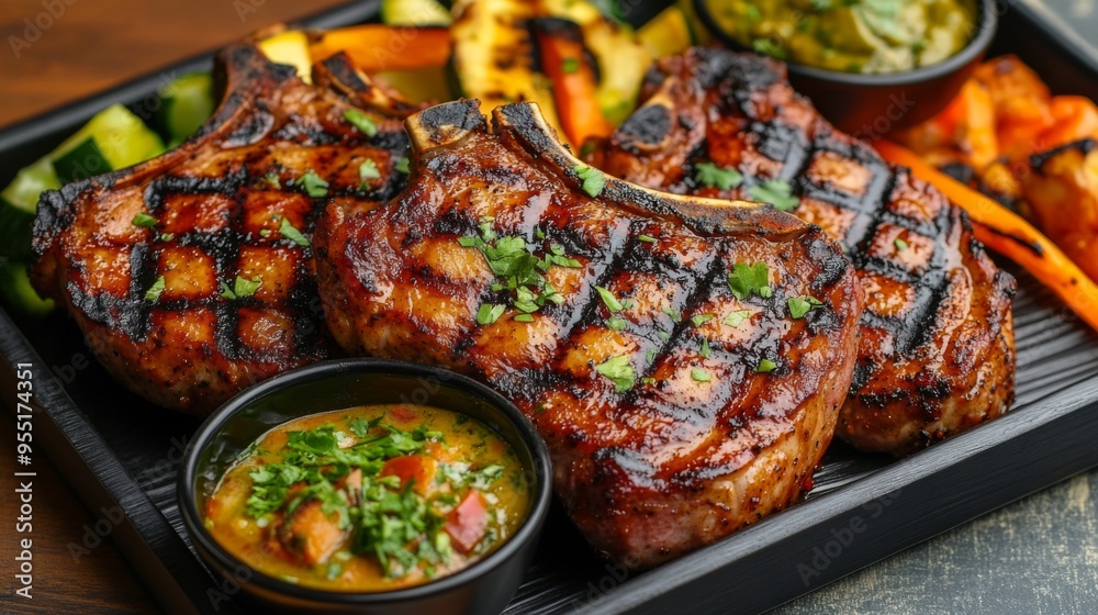 A platter of grilled pork chops, perfectly charred and juicy, served with grilled vegetables and savory dipping sauces, enticing the appetite. A platter of grilled pork chops, perfectly charred and juicy, served with grilled vegetables and savory dipping sauces, enticing the appetite.