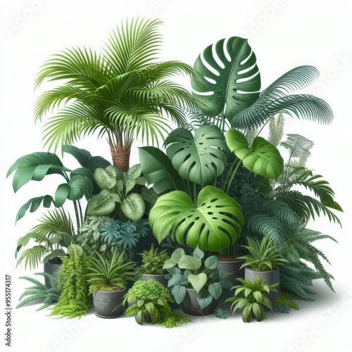 Lush green tropical plants bush (monstera, palm, rubber plant, pine and fern), cut out, прозрачный фон 