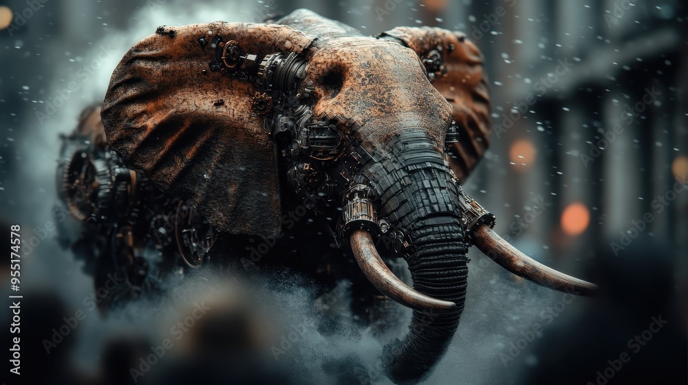 A stunning metallic mechanical elephant sculpture catches the eye as it moves through an urban environment, showcasing a blend of artistry and industrial design. A stunning metallic mechanical elephant sculpture catches the eye as it moves through an urban environment, showcasing a blend of artistry and industrial design.