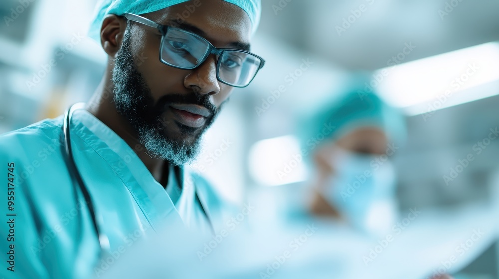 A surgeon, attired in teal scrubs, is deeply focused on performing a surgical procedure in a hospital, illustrating the precision and dedication involved in medical practice. A surgeon, attired in teal scrubs, is deeply focused on performing a surgical procedure in a hospital, illustrating the precision and dedication involved in medical practice.