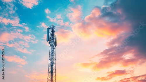 Telecommunications Tower Against Sunset Sky with Antenna. AI generated illustration