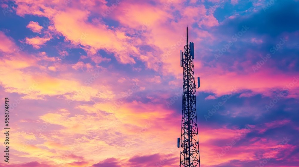 Telecommunications Tower Against Sunset Sky with Antenna. AI generated illustration Telecommunications Tower Against Sunset Sky with Antenna. AI generated illustration