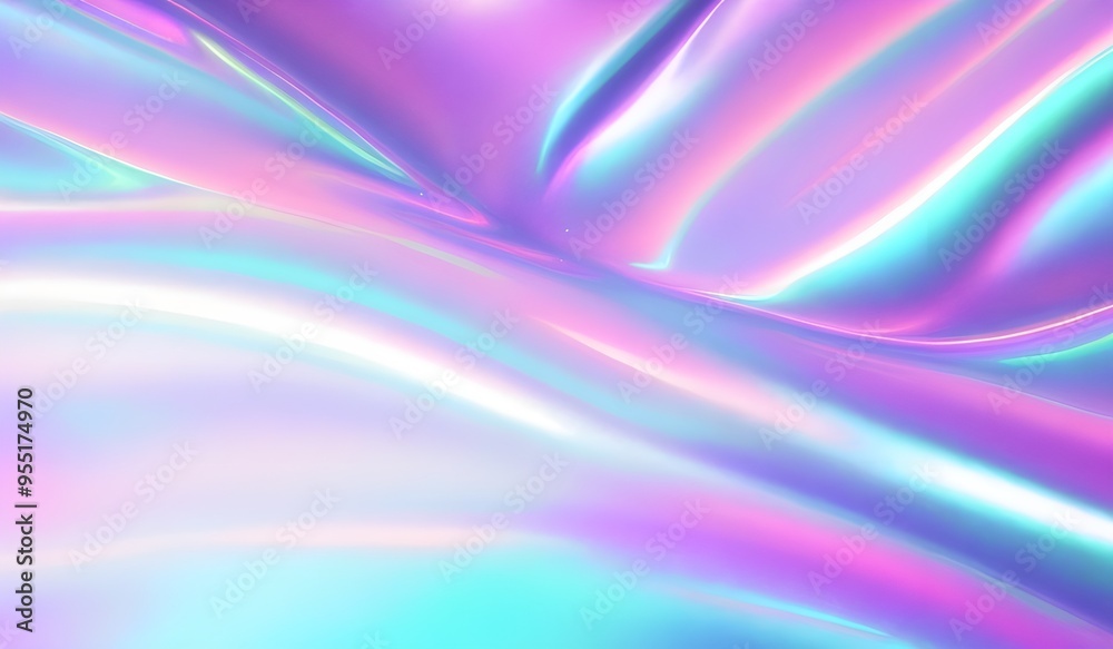 Iridescent chrome wavy gradient cloth fabric abstract background, ultraviolet holographic foil texture, liquid surface, ripples, metallic reflection. 3d render illustration.	