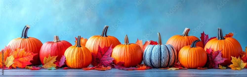 Rustic Pumpkin Display on Wooden Table with Autumn Leaves Rustic Pumpkin Display on Wooden Table with Autumn Leaves