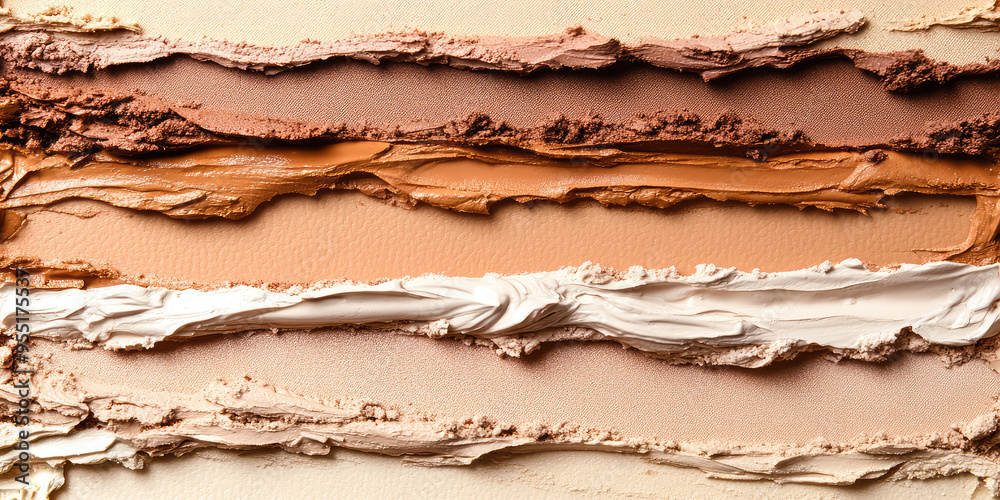 Different Make-up foundation bb-cream smudges, cream and powder, creamy background with copy space Different Make-up foundation bb-cream smudges, cream and powder, creamy background with copy space