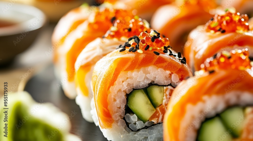 A platter of sushi rolls filled with fresh salmon, avocado, and cucumber, garnished with tobiko and served with soy sauce and wasabi. A platter of sushi rolls filled with fresh salmon, avocado, and cucumber, garnished with tobiko and served with soy sauce and wasabi.