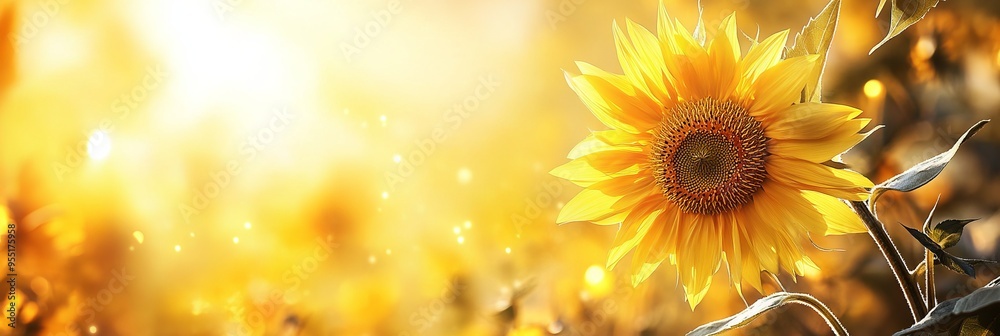 Fototapeta premium Sunflower in the Sun with Golden Yellow Color and Blurred Background. AI generated illustration.