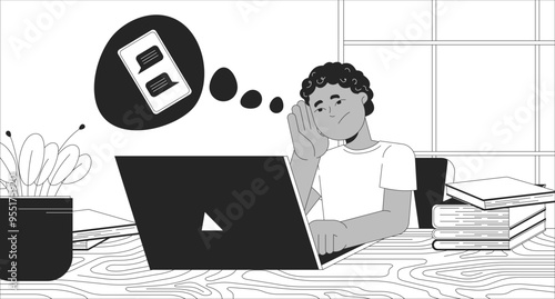 Black boy thinking about chatting at laptop black and white line illustration. Schoolboy doing boring homework 2D character monochrome background. Education online issues outline vector image