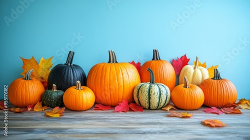 Rustic Pumpkin Display on Wooden Table with Autumn Leaves