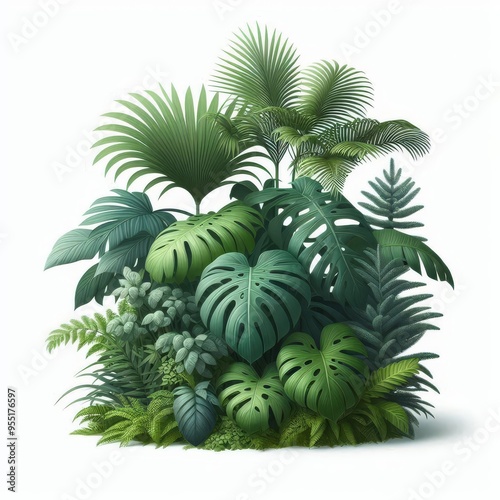 Lush green tropical plants bush (monstera, palm, rubber plant, pine and fern), cut out, прозрачный фон 