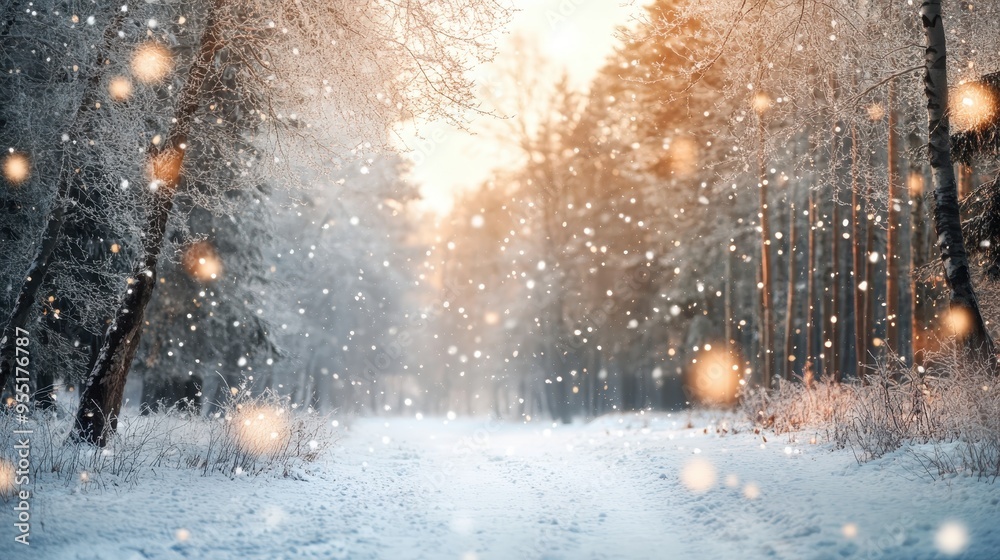 Scenic winter forest pathway covered in fresh snow with a soft glowing light creating a magical and serene atmosphere. Scenic winter forest pathway covered in fresh snow with a soft glowing light creating a magical and serene atmosphere.
