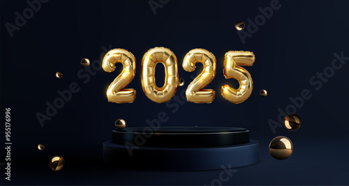 A stylish display of golden balloon numbers forming "2025" set against a dark background. Golden 2025 Balloons on Dark Background vector illustration