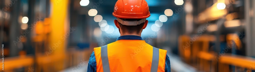 Worker in a hard hat and safety vest inspecting a brightly lit industrial factory, focusing on machinery and equipment maintenance Worker in a hard hat and safety vest inspecting a brightly lit industrial factory, focusing on machinery and equipment maintenance