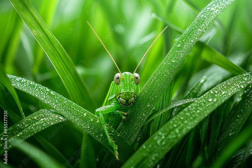 Fototapeta premium A Green Grasshopper Hiding in Dew-Covered Grass