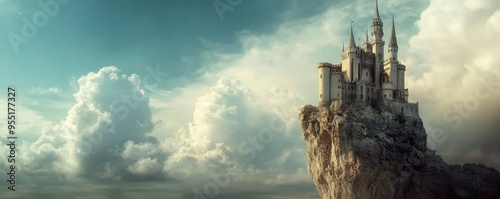 A majestic castle perched on a rocky cliff, surrounded by ethereal clouds in the sky, exuding a magical and fantastical atmosphere.