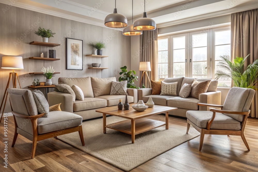 A harmonious trio of cream-colored furniture pieces brings warmth and coziness to the room, anchored by a clean-lined A harmonious trio of cream-colored furniture pieces brings warmth and coziness to the room, anchored by a clean-lined
