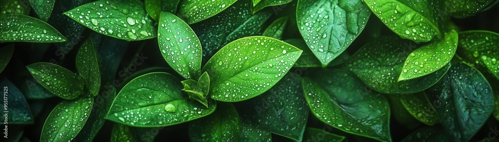 Fototapeta premium Leafy foliage, vibrant green plants in morning dew, refreshing and bright