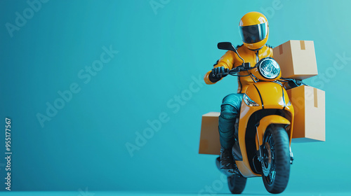 A courier in bright yellow outfit rides motorbike, delivering packages against vibrant blue background. photo