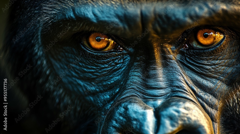 Dramatic close-up of a regal gorilla, its intense, intelligent eyes and formidable presence commanding respect Dramatic close-up of a regal gorilla, its intense, intelligent eyes and formidable presence commanding respect