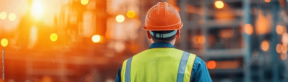 Worker in a hard hat and safety vest inspecting a brightly lit industrial factory, focusing on machinery and equipment maintenance Worker in a hard hat and safety vest inspecting a brightly lit industrial factory, focusing on machinery and equipment maintenance