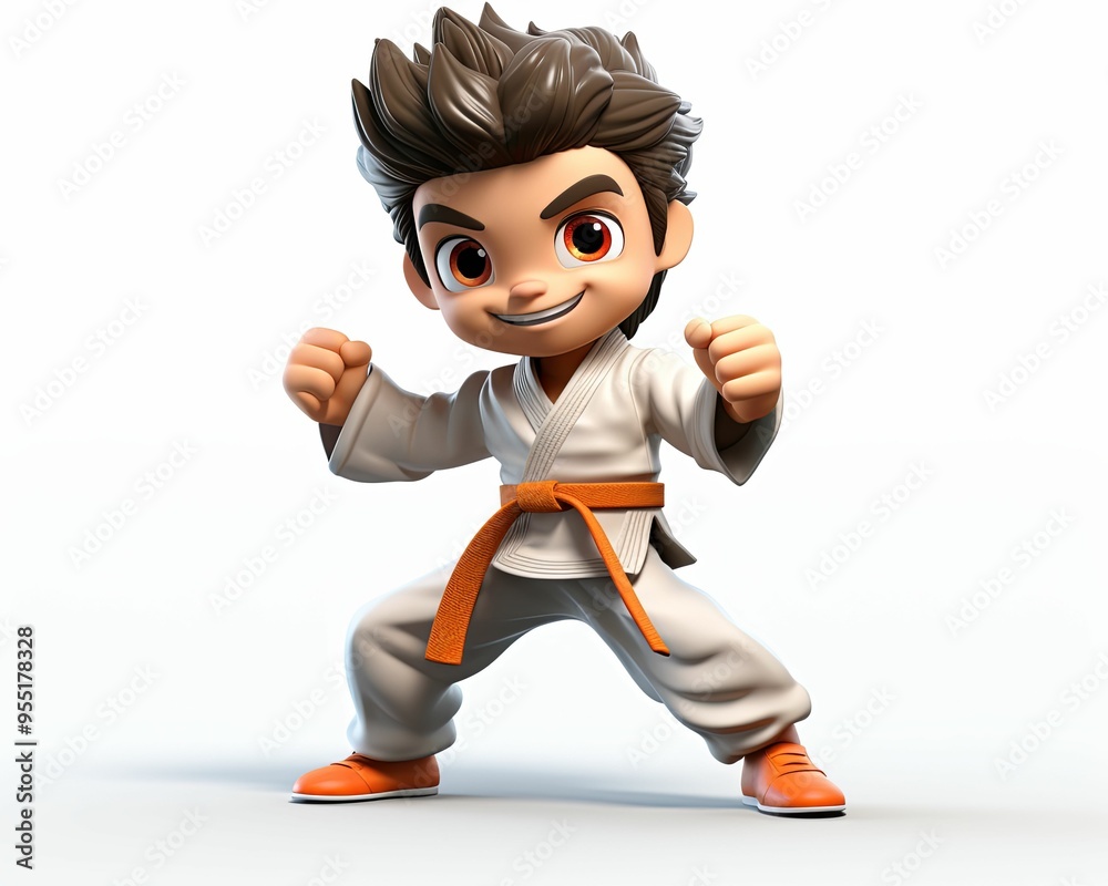 Cartoon Boy in a White Karate Uniform with an Orange Belt Cartoon Boy in a White Karate Uniform with an Orange Belt