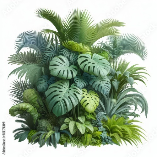 Lush green tropical plants bush (monstera, palm, rubber plant, pine and fern), cut out, прозрачный фон
 photo