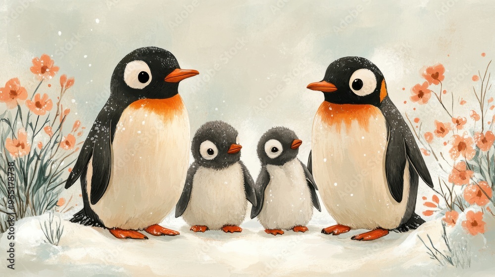 Detailed illustration of a penguin family Detailed illustration of a penguin family