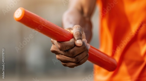 Baton Exchange Moment, an athlete grips a baton with determination, capturing the essence of readiness and anticipation for a crucial relay handoff in a competitive race.